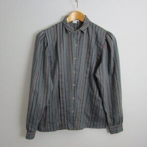Vtg Levis Strauss Womens M Gray Teal Blue Maroon Striped LS Cotton Shirt USA
